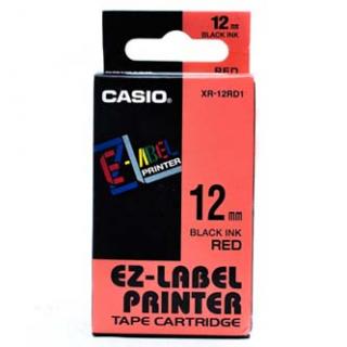Casio originál páska do tlačiarne štítkov, Casio, XR-12RD1, čierny tlač/červený podklad, nelaminovaná, 8m, 12mm