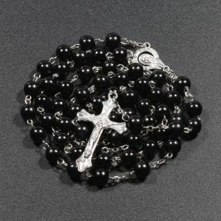 Čierny lesklý ruženec s krížom, Ježíš Kristus a Panna Mária, plastové hladké koráliky