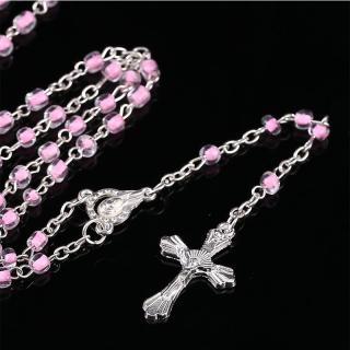Jemný ruženec s krížom, Ježíš Kristus a Panna Mária, drobné číro-ružové guličky