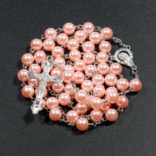 Produkt Ružový lesklý ruženec s krížom, Ježíš Kristus a Panna Mária, plastové hladké koráliky - stellasperky.sk