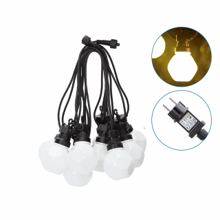 LED Reťazové svietidlo 10x mliečna žiarovka, prívod 3m, reťaz 5m, IP44, 24V, 3000K, spájanie max. 6 setov