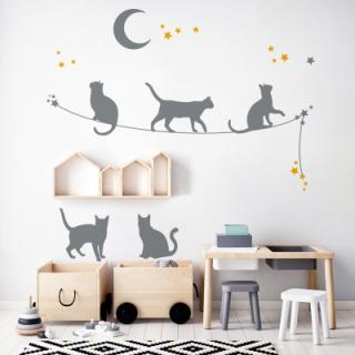 Nástenná samolepka - tieňové obrázky - mačky na lane barva doplňky: mätová, barva kočky: mätová
