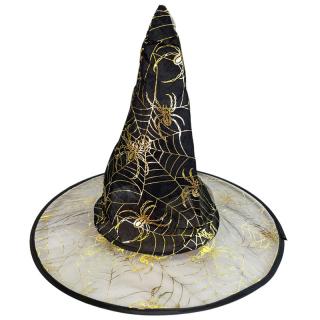 Čarodejnícky klobúk priehľadný pavúky čierno-zlatý