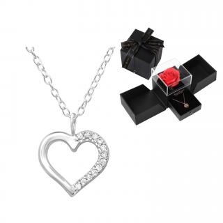 Glory Valentínsky strieborný náhrdelník Srdce so zirkónmi v darčekovej krabičke s ružou VS1124